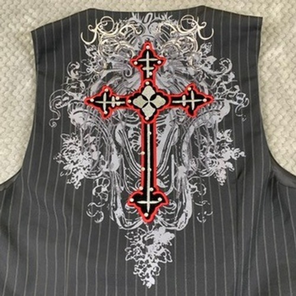 El General Mens XL Black Pinstripe Gothic Cross Embroidered Western Vest Y2K